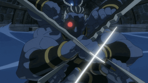 a cartoon drawing of a monster with red eyes holding a spear