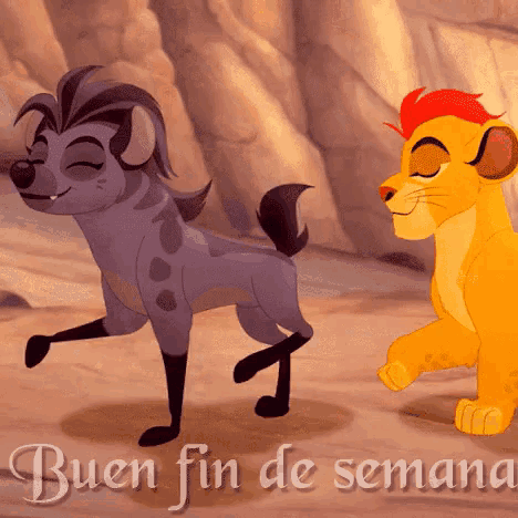 a cartoon of a hyena and a lion with the words buen fin de semana