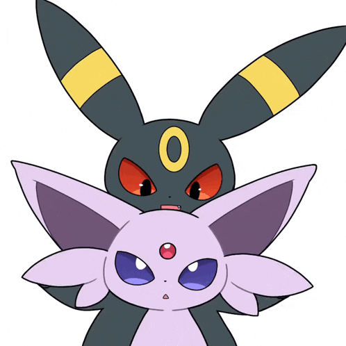a cartoon drawing of a black rabbit and a purple cat