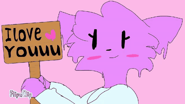 a cartoon drawing of a cat holding a sign that says i love youuu