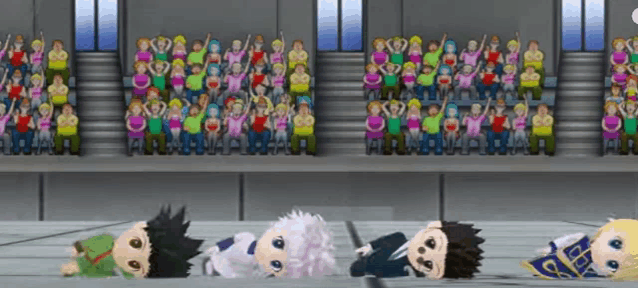 a group of anime characters are laying on their backs in front of a crowd of people