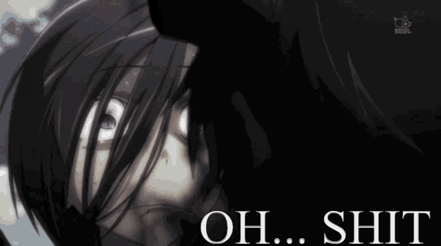 a close up of a person 's face with the words oh shit above it