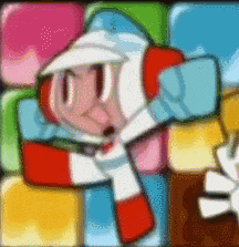 a cartoon character is surrounded by colorful squares