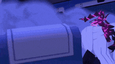 a person in a white shirt is standing in a dark room with purple lights coming out of the ceiling