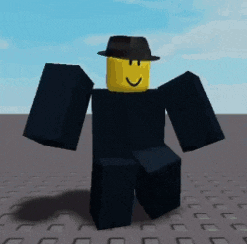 a roblox character wearing a black hat and black pants is dancing
