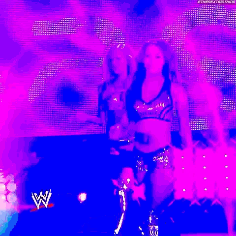 two female wrestlers are walking on a stage in front of a wwe logo .