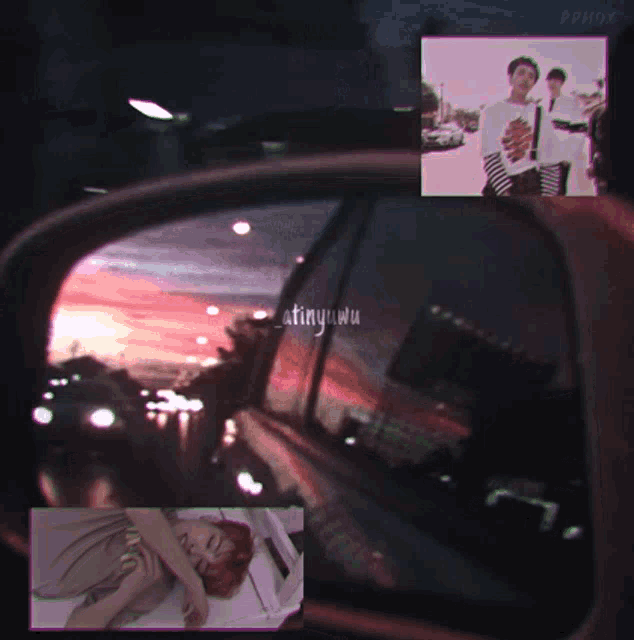 a car rear view mirror shows a collage of images including one of a couple