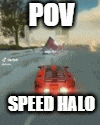 a red car is driving down a road with the words pov speed halo .