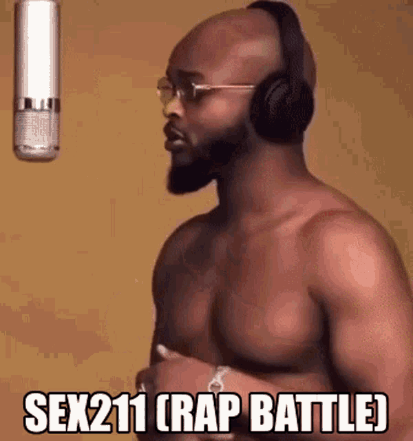 a shirtless man wearing headphones is singing into a microphone with the words sex211 ( rap battle ) written below him .