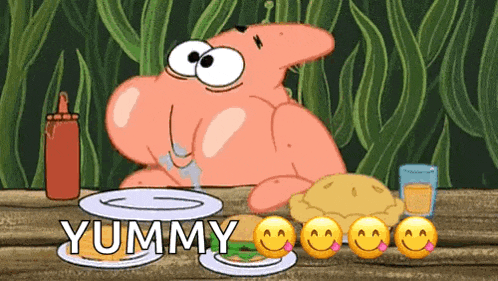 patrick star from spongebob squarepants is sitting at a table with plates of food and a bottle of ketchup