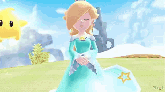 a princess in a blue dress is standing in a field next to a blue star and a yellow star in a video game .
