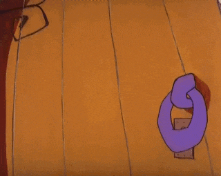 a cartoon character is holding a purple object and a yellow object in his hand .