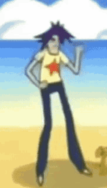 a cartoon character is standing on a beach wearing a yellow shirt with a star on it .
