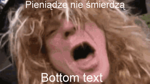a close up of a person 's face with the words " bottom text " above it