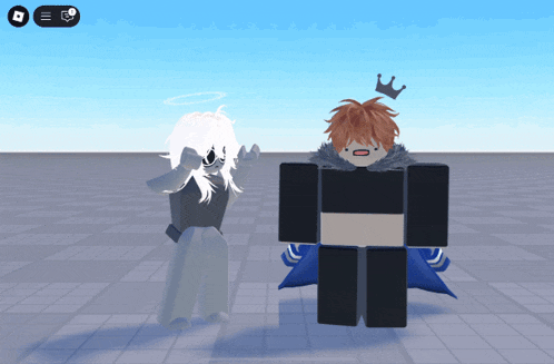 a boy with a crown on his head is standing next to a girl with a halo