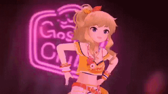 a cartoon girl is standing in front of a neon sign .