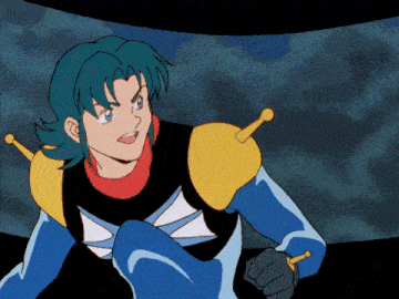 a cartoon character with blue hair is wearing a blue and yellow suit