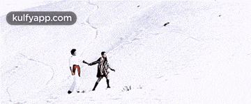 a man and a woman are standing in the snow and holding hands .
