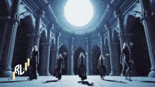 a group of people are standing in a room with columns and a rl logo on the bottom