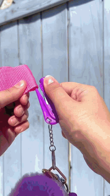 a person is holding a purple keychain with a pink strap attached to it