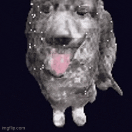 a dog with a pink tongue sticking out is standing on its hind legs on a black background .