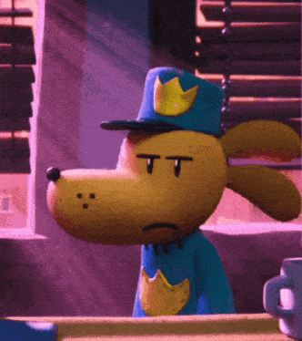 a cartoon dog wearing a blue uniform and a blue hat