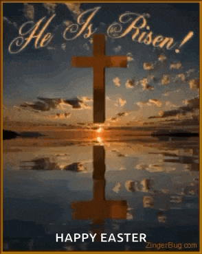 a picture of a cross with the words `` he is risen ! ''