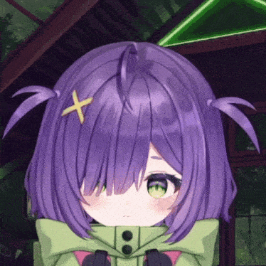 a close up of a purple haired anime girl with green eyes and a yellow x on her head .