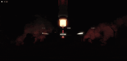 a dark room with a light hanging from the ceiling and a smoke coming out of it
