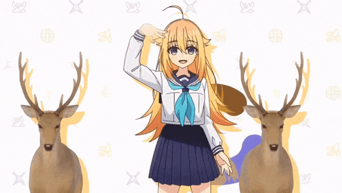 a girl in a school uniform is standing in front of two deer