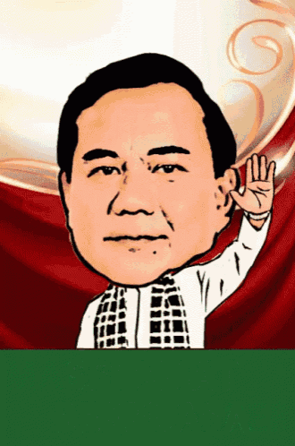 a cartoon of a man waving his hand with a red background