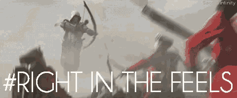 a poster that says " right in the feels " with a man holding a bow and arrow