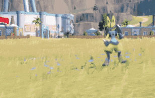 a video game character is shooting a purple beam in a field