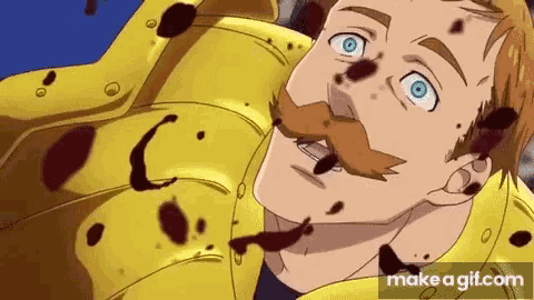 a cartoon of a man with a mustache and a yellow jacket with blood on his face .