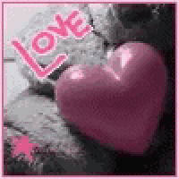 a pink heart is sitting on a rock with the word love on it .