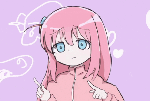a drawing of a girl with pink hair pointing at something
