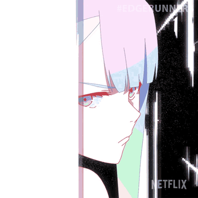 a poster for netflix shows a girl with pink hair and red eyes