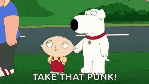 a cartoon of stewie and brian from family guy saying take that punk .