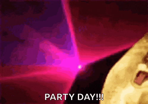a man says party day in front of a pink light