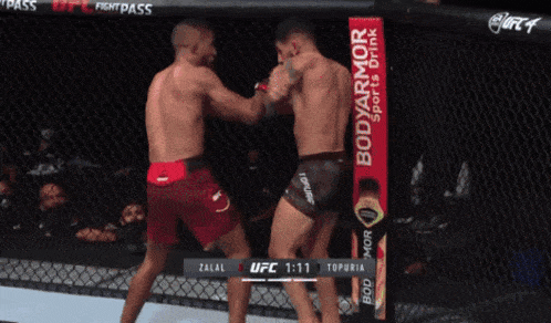two men fighting in a cage with a bodyarmor sports drink advertisement in the background