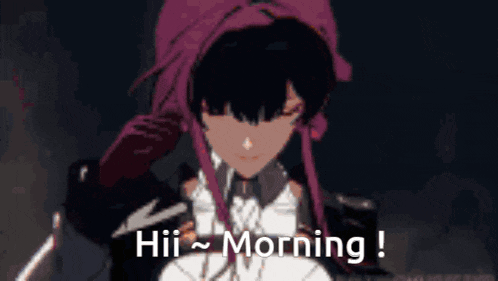 a girl with purple hair is holding a knife and says hii morning