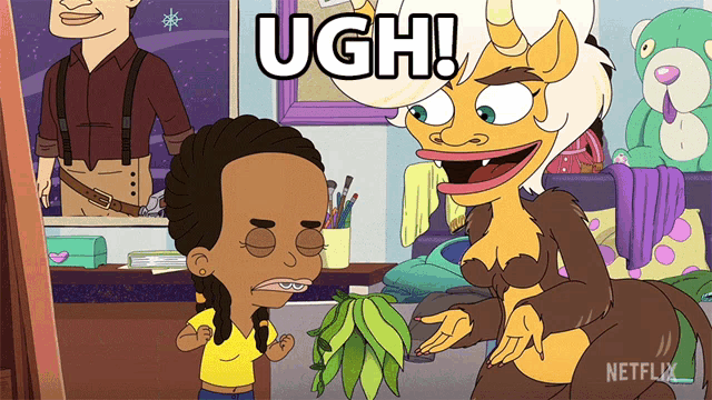 a cartoon of a girl and a monster with the word ugh written above them