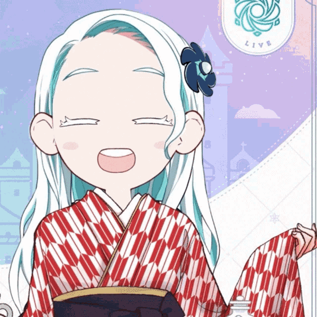 a girl with white hair is wearing a red and white kimono and smiling
