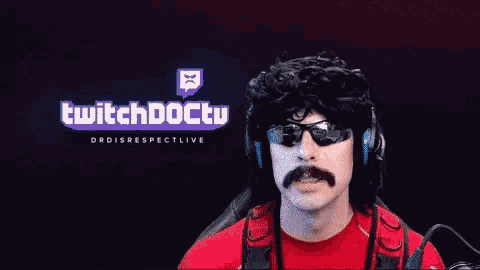 a man with a mustache wearing sunglasses and headphones stands in front of a twitch doctu logo