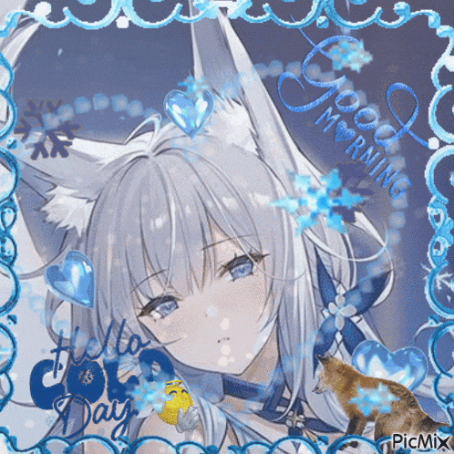a picture of a girl with fox ears and the words good morning on it