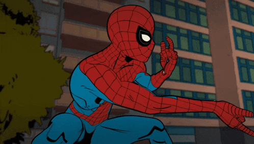 a cartoon drawing of a spider-man standing in front of a building