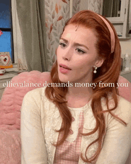 a woman with red hair is sitting on a pink couch with the words " ellievalance demands money from you " written below her