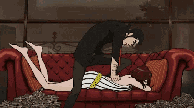 a cartoon of a man and a woman laying on a couch