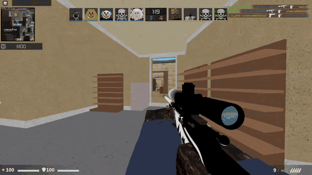a screenshot of a video game with a sniper rifle and a scoreboard that says 119