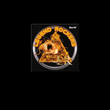 a logo for legend rockers shows a pyramid with flames coming out of it